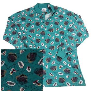 BD‎ Baggies Vintage 90s Fly Fishing Polo Shirt XL Teal All Over Print Cabin Gorp
